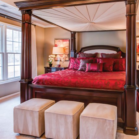 decorating with red bedding in taupe room
