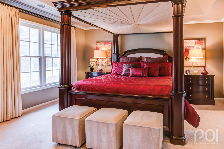 decorating with red bedding in taupe room